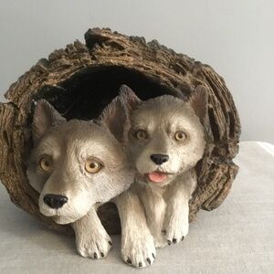 Winter Timberwolves Sandicast Sculpture Forever Friends Gray Wolf Pups in Log